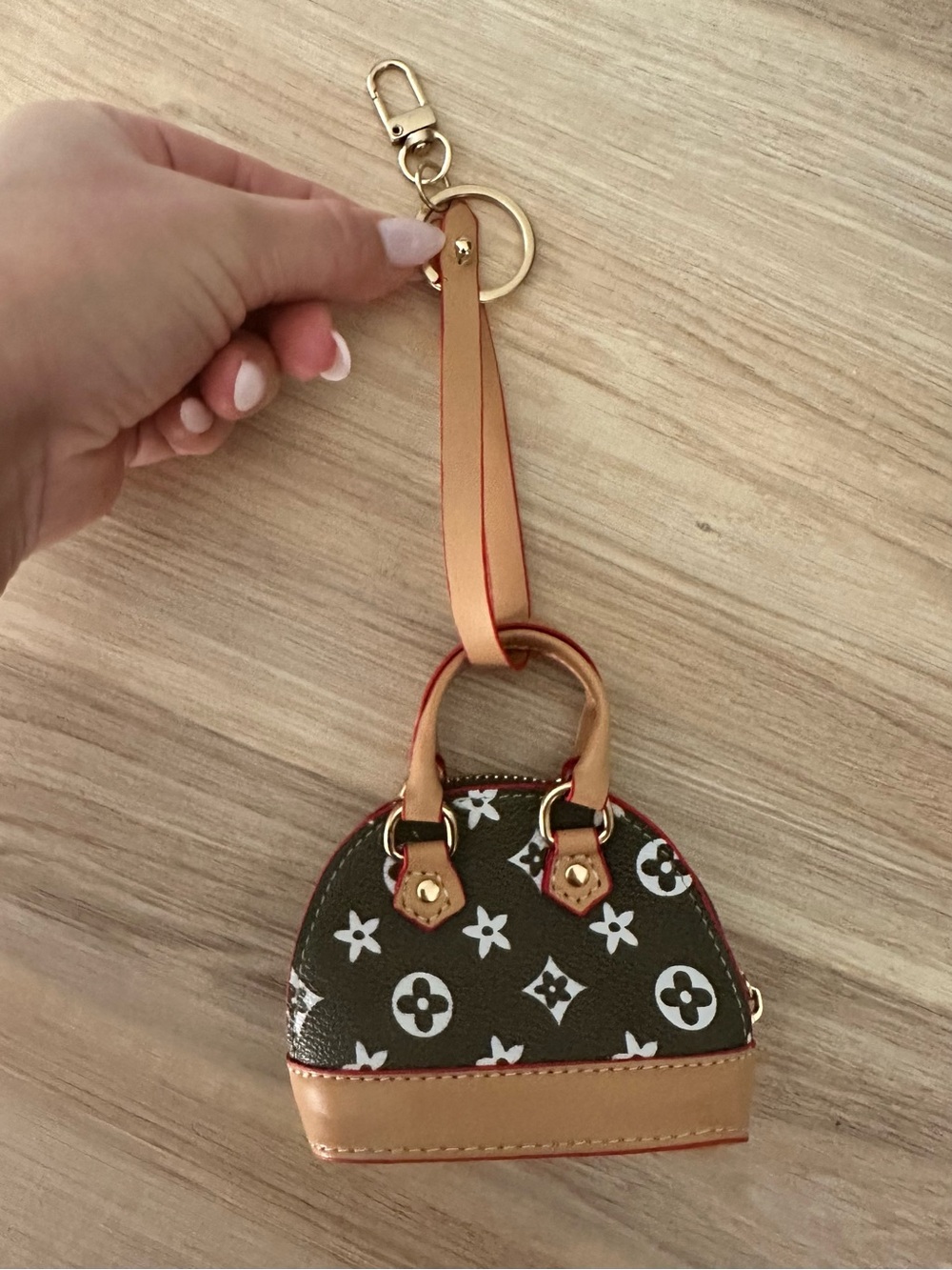 Mini Dark Green Monogram-Inspired Handbag Bag Charm Keychain – Tan & Gold